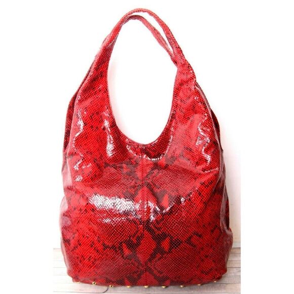 LRG WORTH NEW YORK STUDDED SNAKE PRINT RED GENUINE LEATHER SHOULDER BAG HANDBAG - Picture 4 of 12